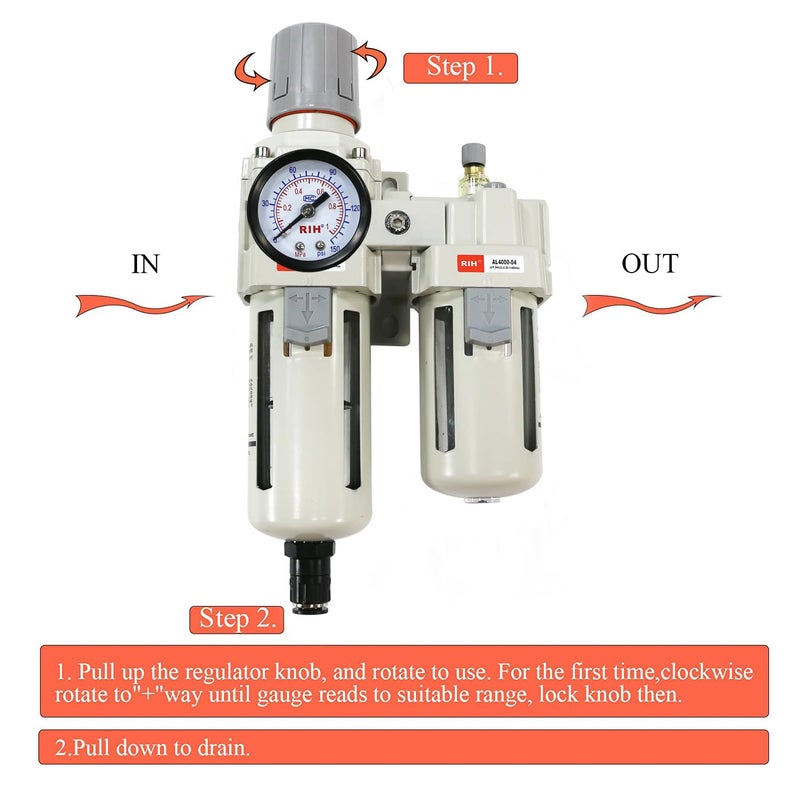 RIH Store Pneumatics Compressed Air Filter Regulator Lubricator Combo Water/Oil Trap Separator - Gauge(0-150 psi), Semi-Auto Drain, Poly Bowl,Bracket - 3 in 1 Two Unit (1/2“ NPT Auto Drain) - Image 5